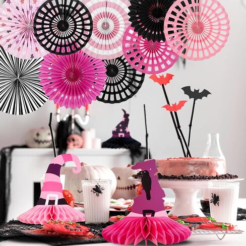 Halloween Party Decoration Purple Black Witch Theme Hanging Paper Fans Witch's Hat Honeycomb Hanging Tissue Paper Fans for Girls Halloween Party Decoration in Kuwait