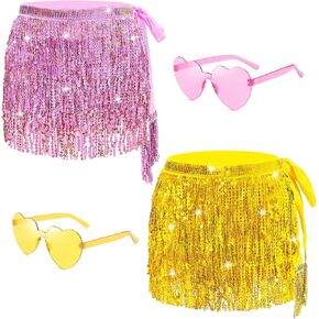 2 Pack Women's Sequin Fringe Skirt Sparkle Tassel Skirts Belly Dance Hip Scarf Halloween Festival Party Rave Costume