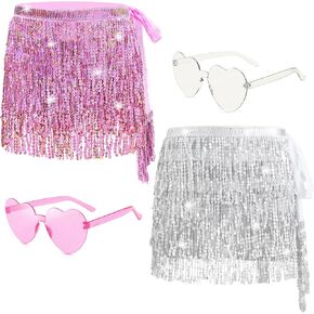 2 Pack Women's Sequin Fringe Skirt Sparkle Tassel Skirts Belly Dance Hip Scarf Halloween Festival Party Rave Costume