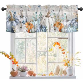 Fall Valances for Windows/Kitchen/Living Room/Bathroom Decor, Autumn Blue Orange Pumpkin Rod Pocket Valance Curtains, Fall Thanksgiving Eucalyptus Leaves Short Curtain Window Treatment 54x18 Inch