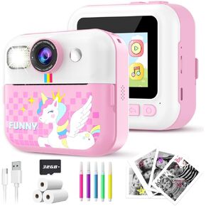 Kids Camera Instant Print, Christmas Birthday Gifts for Girls Boys Age 3-12, 1080P Toddler Camera Printing Photos, Portable Girls Toy for 4 5 6 7 8 9 10 Year Old with 32GB SD Card-Pink