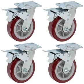 6" x 2" PRO Heavy Duty Industrial Casters, Top Plate 4" x 4.5", Maroon, 4 Swivel w/Total Lock Brake, Non-Marking Pro-Tech Polyurethane Wheel, Max. Load 3600 lbs. per Set (4-Pa