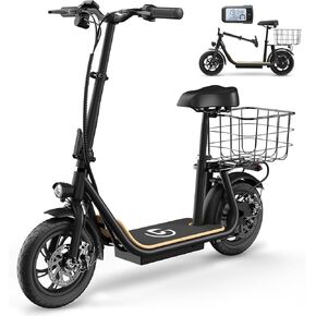 Electric Scooter, 450W Peak Motor 37.5 Miles Ranges 20MPH Max Speed, Foldable Electric Scooter with Seat & Basket, 12" Tire&Height Adjustable, Commuter Ebike for Adults, Black