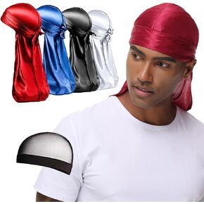4PCS Silky Durags, Silk Durag for Men Women Waves, Silk Durag Pack with 1 Wave Cap, Silky Satin Durag Extra Long Tails(Red, Blue, Black, White)