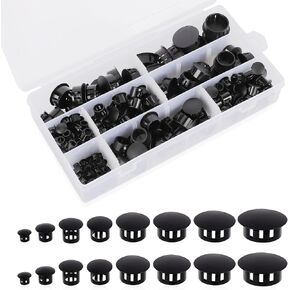 255pcs Plastic Hole Plugs Assorted, Black Plastic Hole Plug 8 Sizes Round Drilling Hole Cover Plugs Electrical Box Knockout Fillers Screw Hole Plugs for Kitchen Cabinet Furniture