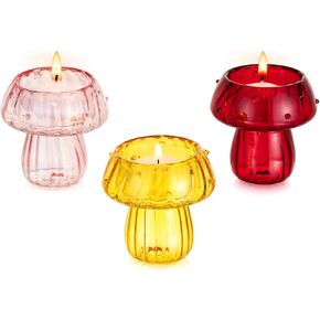 Hewory Mushroom Candle Holder Decor: Colorful Tealight Candle Holders Set of 3, Decorative Glass Tea Light Candle Holder for Table Kitchen Home Decor, Gifts for Birthday Christmas Mushroom Lovers
