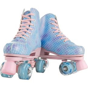 jessie Pearl Pink & Ocean Blue Roller Skates for Women Men with Flash Wheel, High Top PU Leather Classic Double-Row Roller Skates for Age 12-50 Beginner and Indoor Outdoor