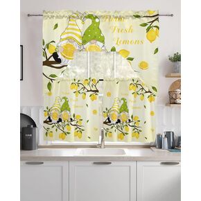 Summer Lemon Swag Kitchen Curtain Sets with Valance, 3 Pieces Rod Pocket Curtain Drapes for Bedroom Living Room Bathroom Cafe Windows, Cute Gnomes Fruit Country French 56''x36'' & 36''x27.5''x2Panels