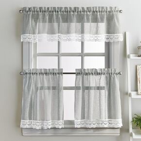 CHF Delicate Lace 3-Piece Kitchen Curtain Tier and Valance Set, Grey