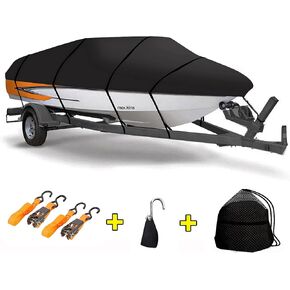 Mockins Heavy Duty 600D Polyester Oxford Trailerable Boat Cover Fits V-Hull - Tri-Hull - Fishing Boat - Runabout Boat - Bass Boat | Waterproof & UV Resistant Boat Cover