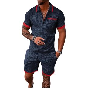 Men's 2 Piece Outfits Color Block Zipper Collar Short Sleeve Shirts and Drawstring Waist Shorts Set