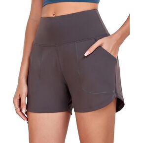 Oalka Women's High Waisted Shorts Yoga Workout Bermuda Long Hiking Shorts with Pockets 4" Shorts Charcoal XL