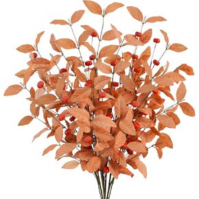 Uieke 8PCS Artificial Fall Eucalyptus Stems, 28inch Fall Eucalyptus Leaves Branches with Orange Pumpkins Long Stems Fall Decorations for Home Autumn Florals Arrangement Thanksgiving Decor