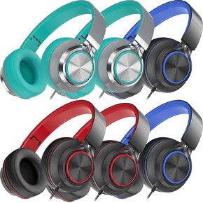 6 Pack Headphones Wired Bulk with Microphone for School Kids Teens, Over-Ear Headsets for Classroom Chromebook Computer, 3.5mm Jack, Foldable, No-Tangle Cord, Comfortable