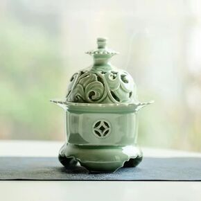 Handcrafted Ceramic Incense Burner (Celadon), Three-Legged Incense Holder for Coil Incense, Stick Incense or Incense Seal, Elegant Chinese Incense Holder for Home Fragrance Decor