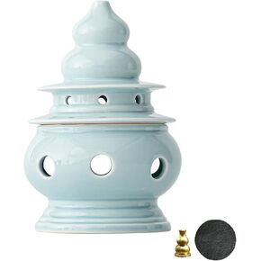 Ceramic Incense Burner with Lid,Artistic Incense Burner Holder for Cone and Coil Incense,Mediation Gift,Room Decor (Light Blue)