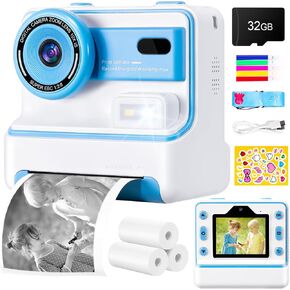 Kids Camera Instant Print, 1080P Digital Camera for Kids with Print Paper & 32G Card, 1200mAh High Endurance, 2.4in Screen Kids Digital Camera with Color Pens for Girls Boys 3-12 Years Old