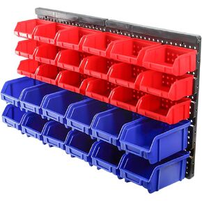 Wall Mounted Storage Bins Parts Rack, 30Pcs Bins Plastic Parts Rack Container, 5-Tier Stackable Garage Shop Tool Storage Rack for Nuts Bolts Screws Nails