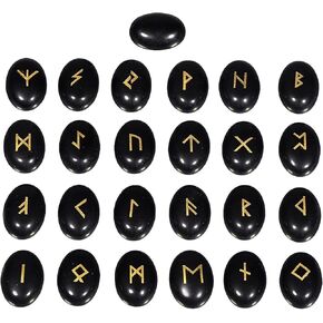 mookaitedecor Black Obsidian Crystal Rune Stones Set of 25, Flatback Cabochon Stone Engraved Elder Futhark Alphabet Symbol Wiccan Crystals for Divination and Healing in Kuwait