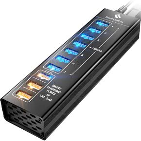 SmartDelux Powered USB Hub - USB 3.0 Ports Hub with 3 Smart Charging Ports, Power Adapter, Long Cord, LEDs (7-port USB Hub)