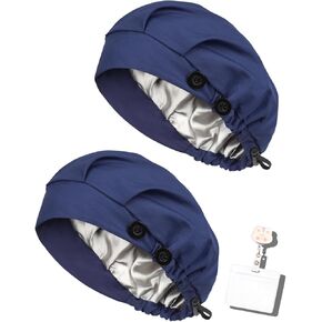 2 Pack Satin Lined Bouffant Scrub Caps with Buttons, Adjustable Scrub Caps for Women Men