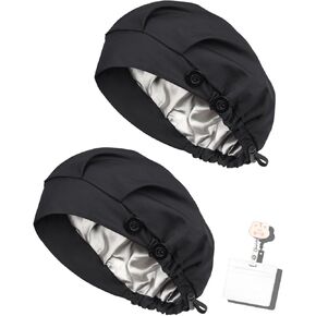 2 Pack Satin Lined Bouffant Scrub Caps with Buttons, Adjustable Scrub Caps for Women Men