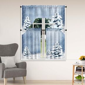 Snowscape Swag and Tier Window Curtain Set, 3Pcs Snow-Covered Tree Kitchen Curtain Valance Set Winter Scene Rod Pocket Curtain for Kitchen Window Featuring Unique Patterns