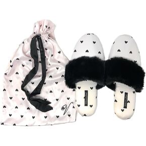 Signature Satin Slippers Polka Dot with Faux Fur Black/White Large 9/10 New