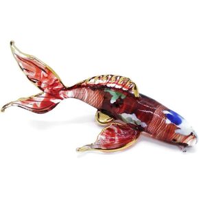 Tiny 5½" Blue White Red Koi Carp Fish Figurine - Miniature Hand Blown Painted Glass Aquatic Animal Colorful Freshwater Ornamental Fishes Crystal Decorative Collectible Figurines Décor Gifts