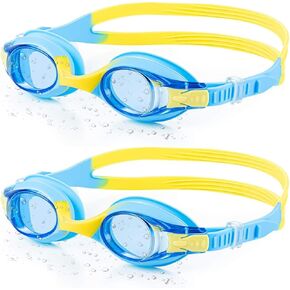 Portzon Unisex-Child Swim Goggles, Anti Fog No Leaking Clear Vision Water Pool Swimming Goggles, Blue/Yellow, Pack of 2