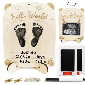 Baby Announcement Sign Memory Kit, Wooden Baby Footprint Kit and Ultrasound Picture Frames with Ink Pads, Ideal for Hello World Newborn Sign and Nursery Decor