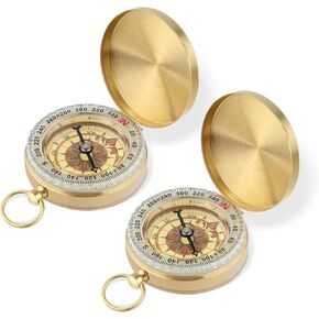 2pcs Survival Compass for Hiking, Pocket Style Copper Clamshell Compass, Military Compass Survival Gear Compass Luminous Compass for Kids Adults for Camping Hunting Climbing (Gold)