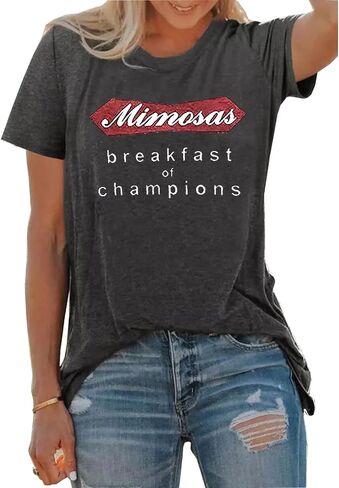 Mimosas Breakfast of Champions T-Shirt for Women Drinking Party Short Sleeve Tees Casual Letter Print Tee Tops in Saudi Arabia