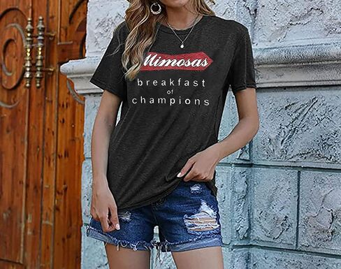 Mimosas Breakfast of Champions T-Shirt for Women Drinking Party Short Sleeve Tees Casual Letter Print Tee Tops in Saudi Arabia