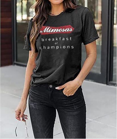 Mimosas Breakfast of Champions T-Shirt for Women Drinking Party Short Sleeve Tees Casual Letter Print Tee Tops in Saudi Arabia