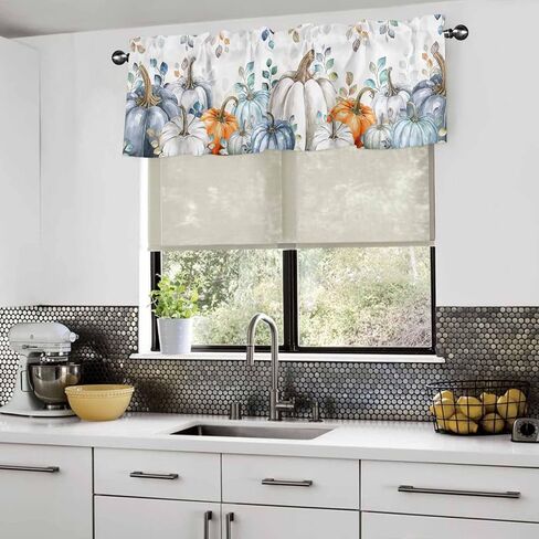 Fall Valances for Windows/Kitchen/Living Room/Bathroom Decor, Autumn Blue Orange Pumpkin Rod Pocket Valance Curtains, Fall Thanksgiving Eucalyptus Leaves Short Curtain Window Treatment 54x18 Inch in Saudi Arabia