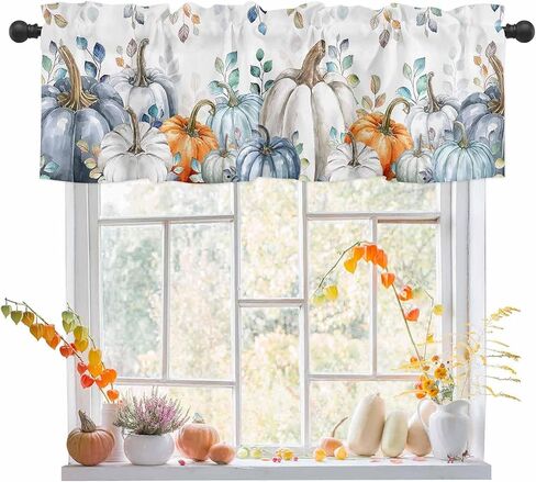 Fall Valances for Windows/Kitchen/Living Room/Bathroom Decor, Autumn Blue Orange Pumpkin Rod Pocket Valance Curtains, Fall Thanksgiving Eucalyptus Leaves Short Curtain Window Treatment 54x18 Inch in Saudi Arabia