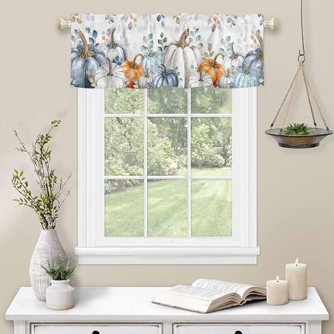 Fall Valances for Windows/Kitchen/Living Room/Bathroom Decor, Autumn Blue Orange Pumpkin Rod Pocket Valance Curtains, Fall Thanksgiving Eucalyptus Leaves Short Curtain Window Treatment 54x18 Inch in Saudi Arabia
