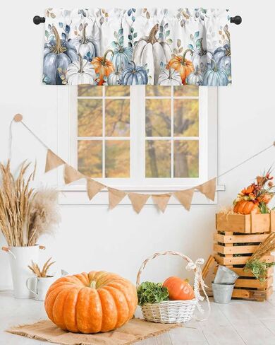 Fall Valances for Windows/Kitchen/Living Room/Bathroom Decor, Autumn Blue Orange Pumpkin Rod Pocket Valance Curtains, Fall Thanksgiving Eucalyptus Leaves Short Curtain Window Treatment 54x18 Inch in Saudi Arabia