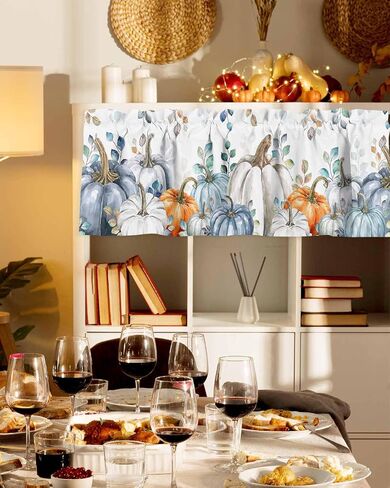 Fall Valances for Windows/Kitchen/Living Room/Bathroom Decor, Autumn Blue Orange Pumpkin Rod Pocket Valance Curtains, Fall Thanksgiving Eucalyptus Leaves Short Curtain Window Treatment 54x18 Inch in Saudi Arabia