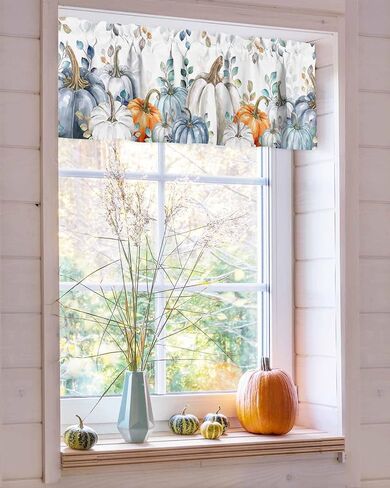 Fall Valances for Windows/Kitchen/Living Room/Bathroom Decor, Autumn Blue Orange Pumpkin Rod Pocket Valance Curtains, Fall Thanksgiving Eucalyptus Leaves Short Curtain Window Treatment 54x18 Inch in Saudi Arabia