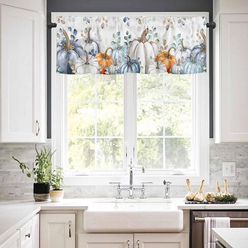 Fall Valances for Windows/Kitchen/Living Room/Bathroom Decor, Autumn Blue Orange Pumpkin Rod Pocket Valance Curtains, Fall Thanksgiving Eucalyptus Leaves Short Curtain Window Treatment 54x18 Inch in Saudi Arabia