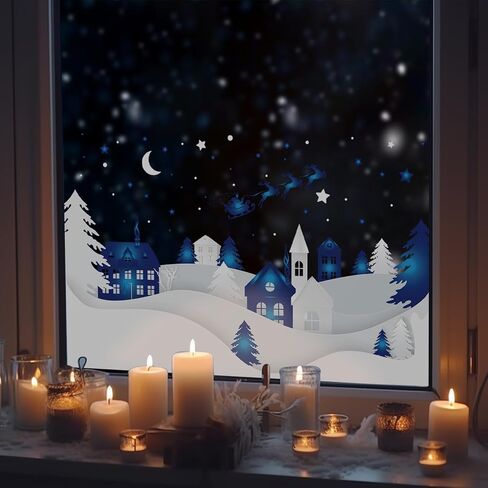 funlife Winter Hut Decorative Stained Window Decal, Double Sided Thickened Static Cling Glass Covering for Bathroom Glass Window Decor, Santa Claus and Deers 23.62"x14.96" in Saudi Arabia