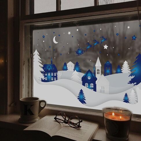 funlife Winter Hut Decorative Stained Window Decal, Double Sided Thickened Static Cling Glass Covering for Bathroom Glass Window Decor, Santa Claus and Deers 23.62"x14.96" in Saudi Arabia