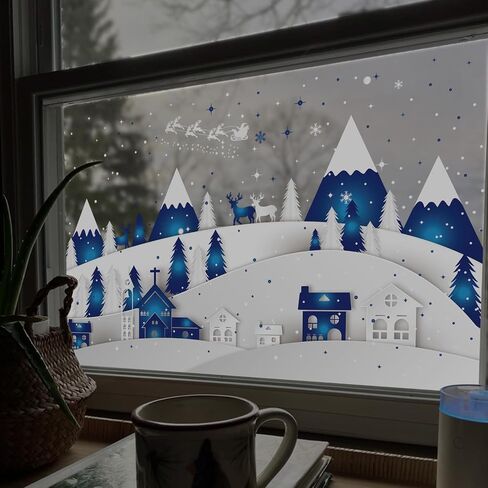 funlife Winter Hut Decorative Stained Window Decal, Double Sided Thickened Static Cling Glass Covering for Bathroom Glass Window Decor, Santa Claus and Deers 23.62"x14.96" in Saudi Arabia