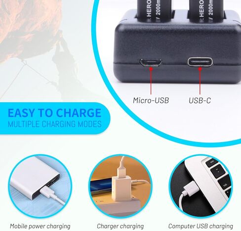 3-Pack Hero 12/11/10/9 Battery 2000mAh with 3-Channel USB-C Charger Power Fast Portable Accessory Fully Compatible with GoPro Hero 12, Hero 11, Hero 10, Hero 9 Black Sport Action Camera (AHDBT-901) in Saudi Arabia