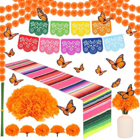 65 Pcs Day of The Dead Decorations, Dia De Los Muertos Decor 50 Artificial Flowers,1 Marigold Garland,1 Mexican Party Banner,1 Table Runner,12 Monarch Butterflies Altar Decor for Diwali Party in Saudi Arabia