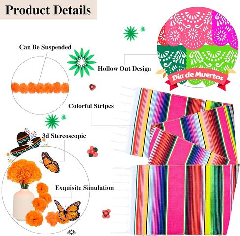 65 Pcs Day of The Dead Decorations, Dia De Los Muertos Decor 50 Artificial Flowers,1 Marigold Garland,1 Mexican Party Banner,1 Table Runner,12 Monarch Butterflies Altar Decor for Diwali Party in Saudi Arabia