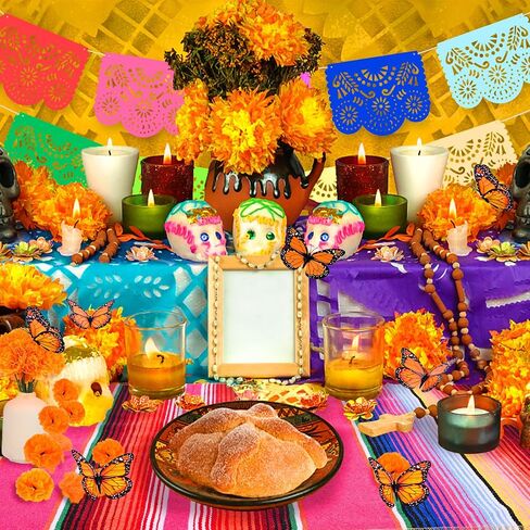 65 Pcs Day of The Dead Decorations, Dia De Los Muertos Decor 50 Artificial Flowers,1 Marigold Garland,1 Mexican Party Banner,1 Table Runner,12 Monarch Butterflies Altar Decor for Diwali Party in Saudi Arabia