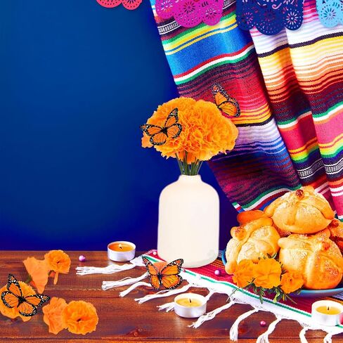 65 Pcs Day of The Dead Decorations, Dia De Los Muertos Decor 50 Artificial Flowers,1 Marigold Garland,1 Mexican Party Banner,1 Table Runner,12 Monarch Butterflies Altar Decor for Diwali Party in Saudi Arabia
